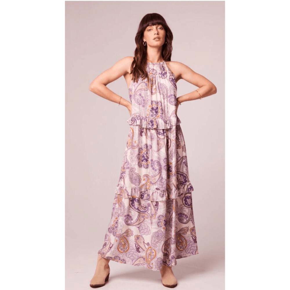 Band of the Free NWT Liliane Paisley Tiered Maxi Dress Size S Purple & Cream